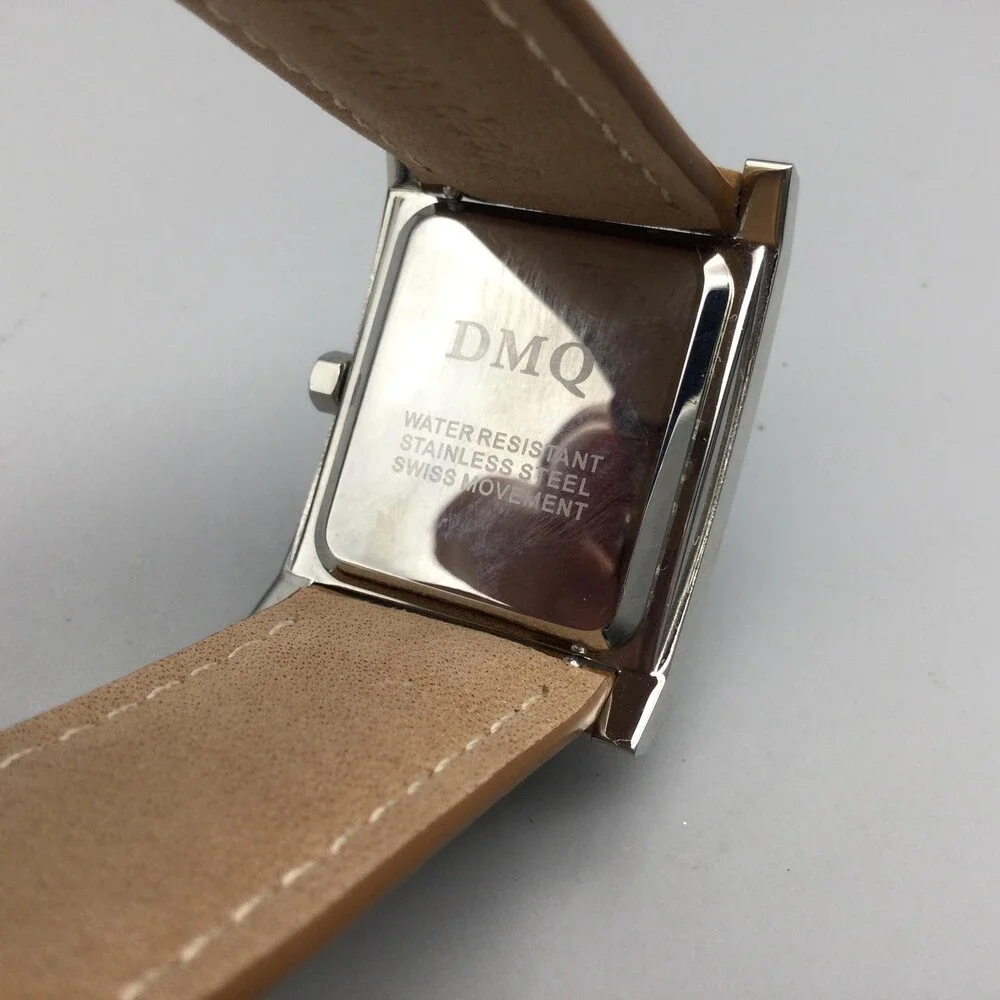 DMQ Square Watch Womens 28mm Silver Tone Crystals Tan Leather Strap New Battery